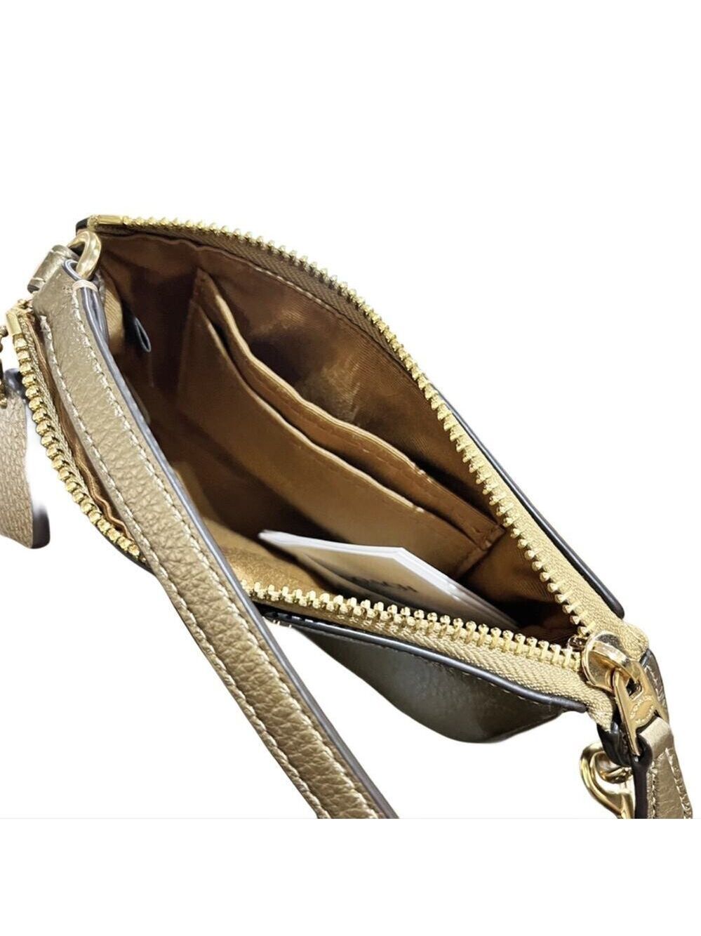 COACH METALLIC GOLD LEATHER NOLITA 15 CONVERTIBLE WRISTLET WALLET PYRITE PURSE - Picture 3 of 4